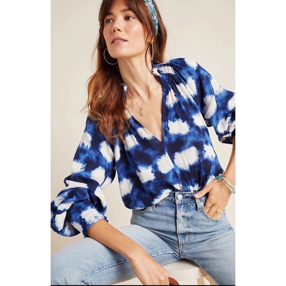 Anthropologie Porridge Peasant Blouse Ines Top Sz XS Puffy Sleeve Boho Smocked
